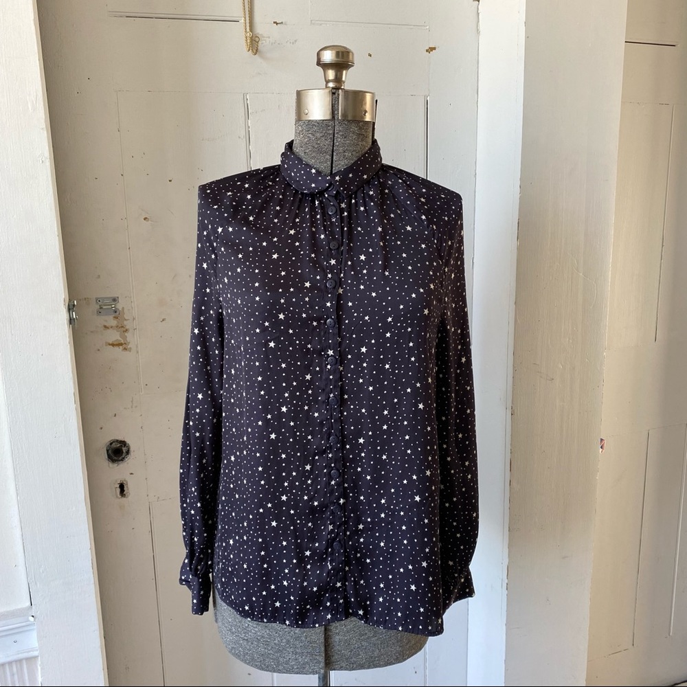 UO Stars Print Button Down Gathered Neck Blouse